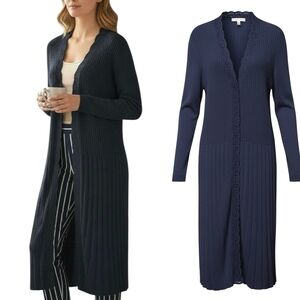 Nina Leonard Crochet Trim Navy Blue Duster Cardigan Size Large EUC
